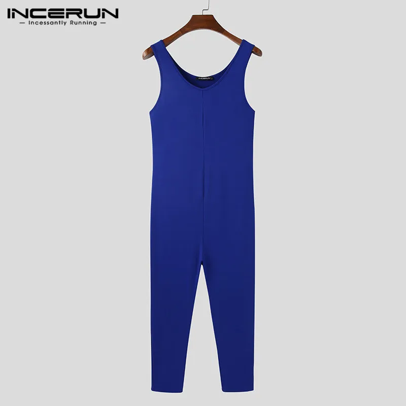 

Mens Solid Color Jumpsuit Sleepwear Sleeveless Round Neck Onesies Homewear Fitness Sexy Nightgown Man Rompers Sleepwear INCERUN