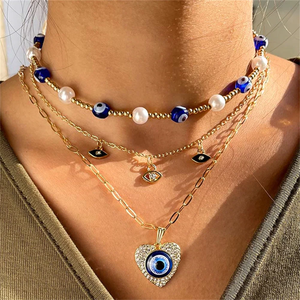 

Multilayer Colorful Evil Eyes Chokers Necklace For Women Crystal Eye Heart Pendant Pearl Chain Necklace Collar Statement Jewelry