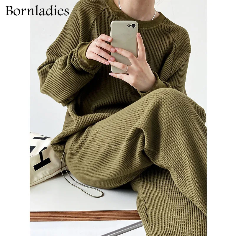 Bornladies 2022 осенний женский хлопковый костюм с вафельным принтом комплект оверсайз