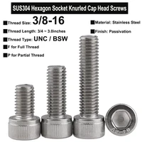 5pcs 38 16 screws unc bsw thread sus304 stainless steel hexagon socket knurled cap head bolts thread length 34 3