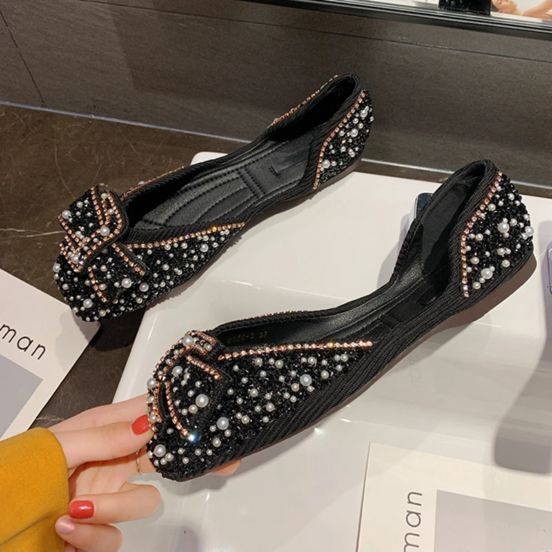 

New Women Fashion Bling Rhinestone Flat Ballet Bow-knot Slip On Ladies Lazy Loafers Casual Flat Shoes Sandals
