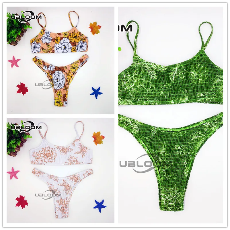 

Sexy Bandeau Push Up Bikini Set Spaghetti Strap Two Piece Swimsuit Ruched Bikinis Women Swimwear Floral Bathing Suit Beach Wear