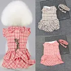 Новое милое платье в розовую клетку с подходящим поводком для собаки, щенка, принцессы, одежда для собак XS-XXL