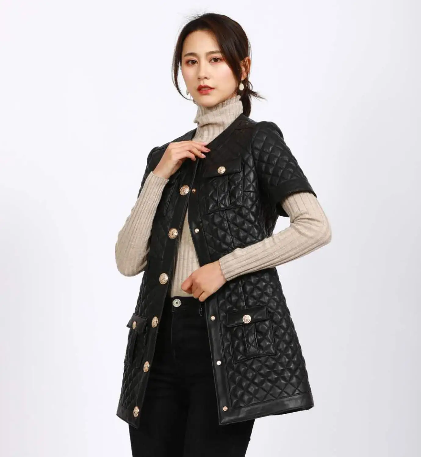 Spring Autumn Women High quality Sheepskin Genuine leather O-neck coat C416