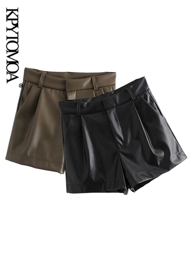  - KPYTOMOA Women Chic Fashion Side Pockets Faux Leather Shorts Vintage High Waist Zipper Fly Female Short Pants Mujer