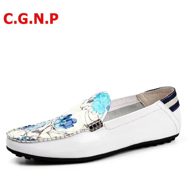 

C.G.N.P Summer Casual Mens Shoes Fashion Soft Genuine Leather Men Loafers Flowers Printed Mocasines hombre Men Driving Shoes