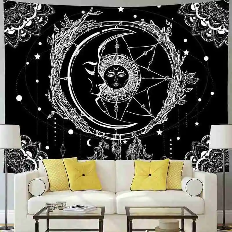 Гобелен белый черный солнце и луна гобелен для дома спальни подвесное украшение