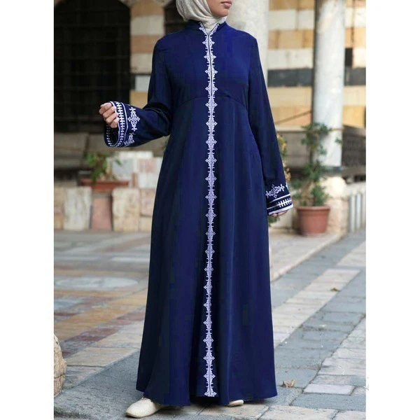 Женское платье с вышивкой Abaya черное мусульманское круглым вырезом и длинными