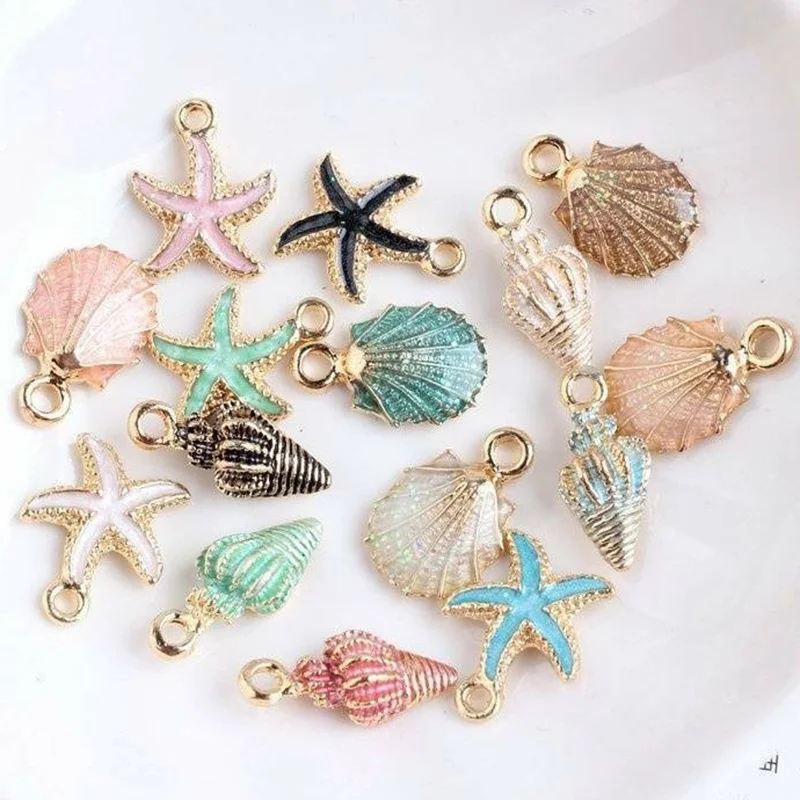 

15pcs Cute Starfish Conch Sea Shell Charms Pendants Ocean Style Anklet Keychain Bracelet Necklace Jewelry DIY Craft Accessories