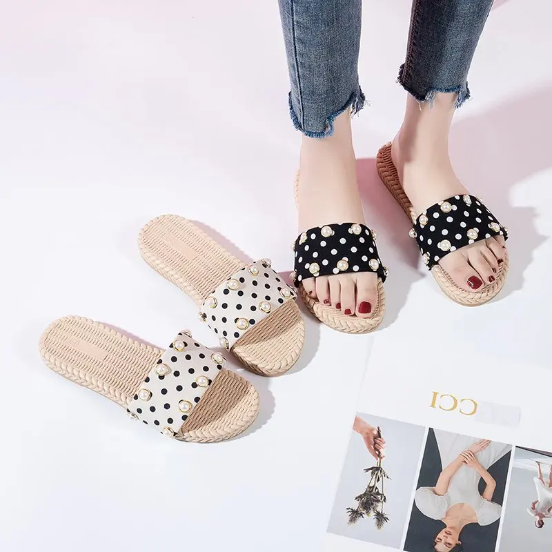 

2cm Height Slides for Women Fashion Polka Dot Low Heels Summer Outdoor Slippers Open Toes Comfortable Shoes