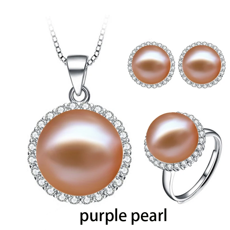 purple pearl set Красивый натуральный настоящий жемчужный набор, роскошные 925 серебряные ювелирные наборы жемчужный кулон серьги кольцо подарок на помолвку - Цвет камня: purple pearl set
