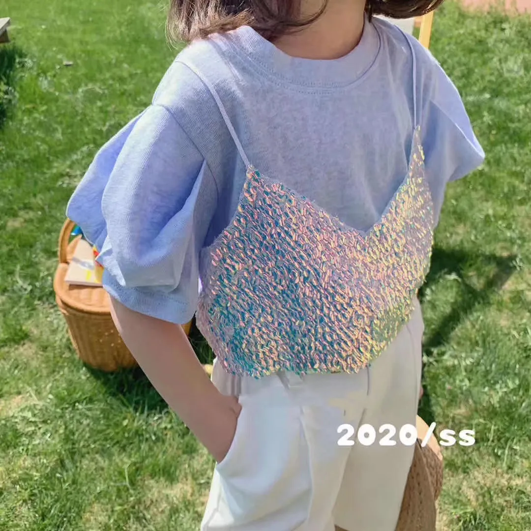 Футболка из двух частей с рукавами-фальшивыми пузырями для девочек Новинка лета