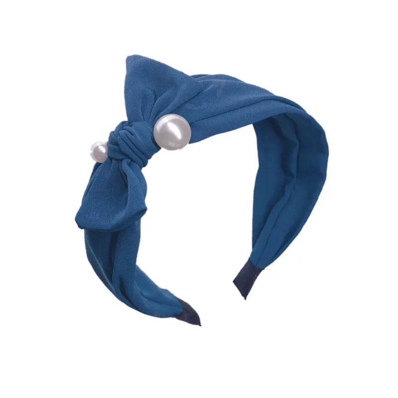 

New Fashion Pearl Hair Accessories for Women Fabric Solid Bow Hairband Wide-side Knotted Rabbit Ear Headband Adult Headwear