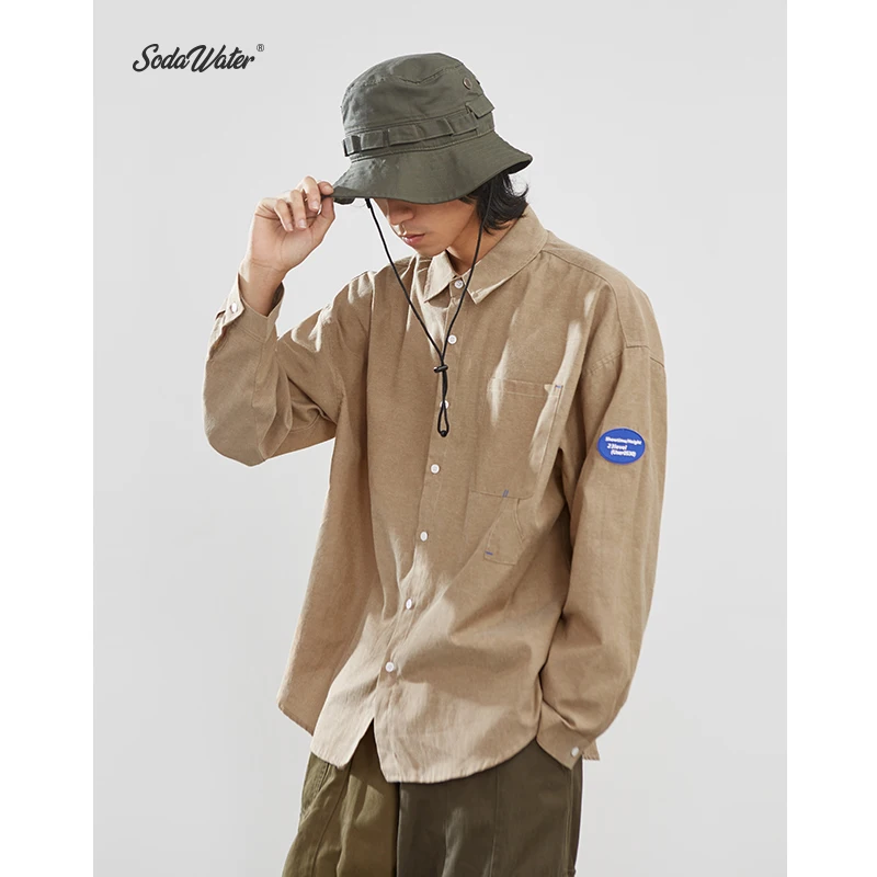 SODAWATER Men Vintage Shirt Japan Style Loose Solid Autumn Streetwear Casual Front Pocket Long Sleeve Tops 92134W | Мужская одежда
