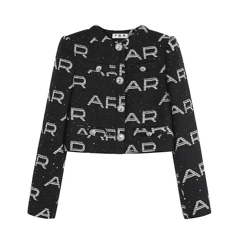

Early autumn new high quality wool fabric baby houndstooth letters slim slim short coat women tide