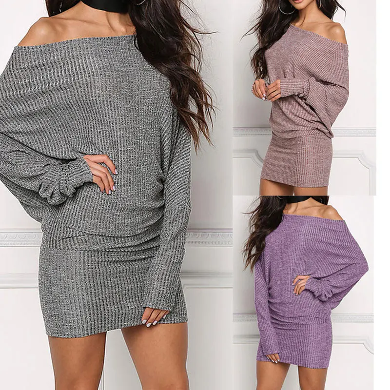 

Новое поступление, Осеннее женское платье, Повседневная однотонная женская уличная одежда с воротником-лодочкой, зимние вязаные женские пл...