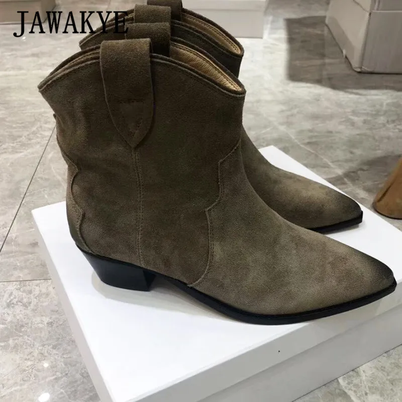 army green KidSuede Dewina/классические женские ботильоны; ботинки «Челси» с острым носком на каблуке «рюмочка»; зимняя обувь в ковбойском стиле - Цвет: army green
