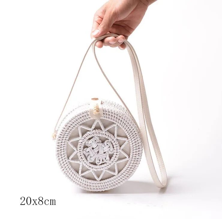 white A 20X8cm Солнечный пляж, ручные тканые сумки, круглая сумка с пряжкой, Ротанговые соломенные сумки, ранец, богемная пляжная круглая сумка - Цвет: white A 20X8cm