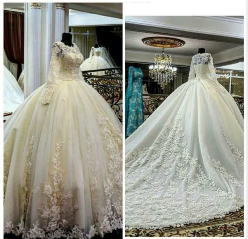 Бальное платье модное украшенное бисером с длинным рукавом пышное свадебное