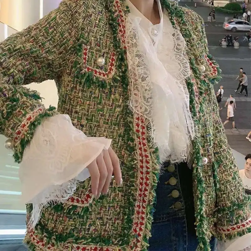 

2020 New Coat Female French Tweed Pearl Buckle jin si bian Short Autumn and Winter Internet Hot Top