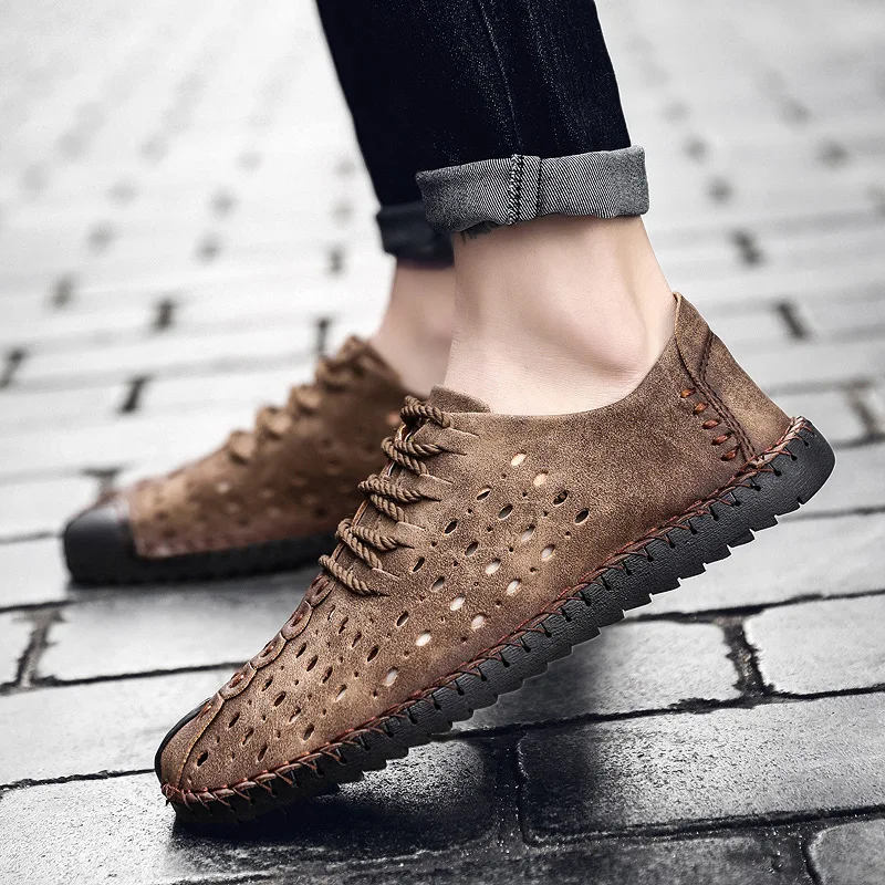 

Leather Shoes 2021 Summer Breathable Punching Men's Casual Shoes Large Size Shoes Fashion Sports Driving Shoes Pea Shoes Men