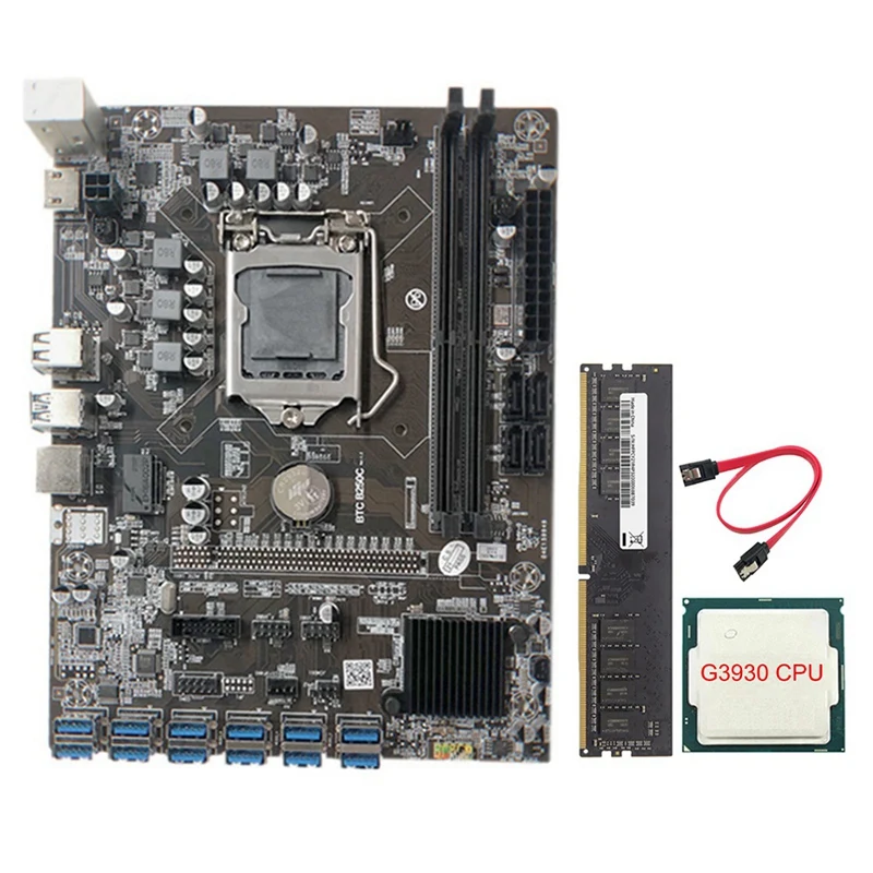 

Материнская плата для майнинга B250C с процессором G3930 + 1XDDR4 8 Гб 2133 МГц ОЗУ + кабель SATA 12xpcie на USB3.0, слот для графической карты