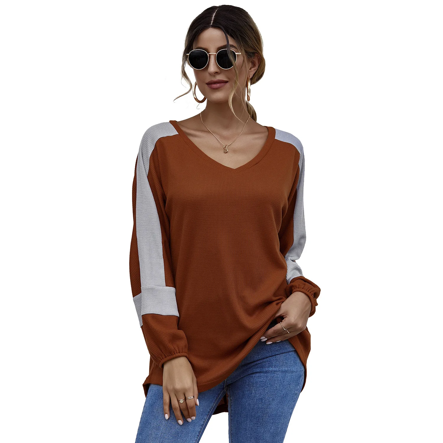 

Z-ONE Loose V-neck T-shirt Stitching Slim Temperament Mid-length Long Sleeve Top 2021 Spring and Autumn New Women's Clothing