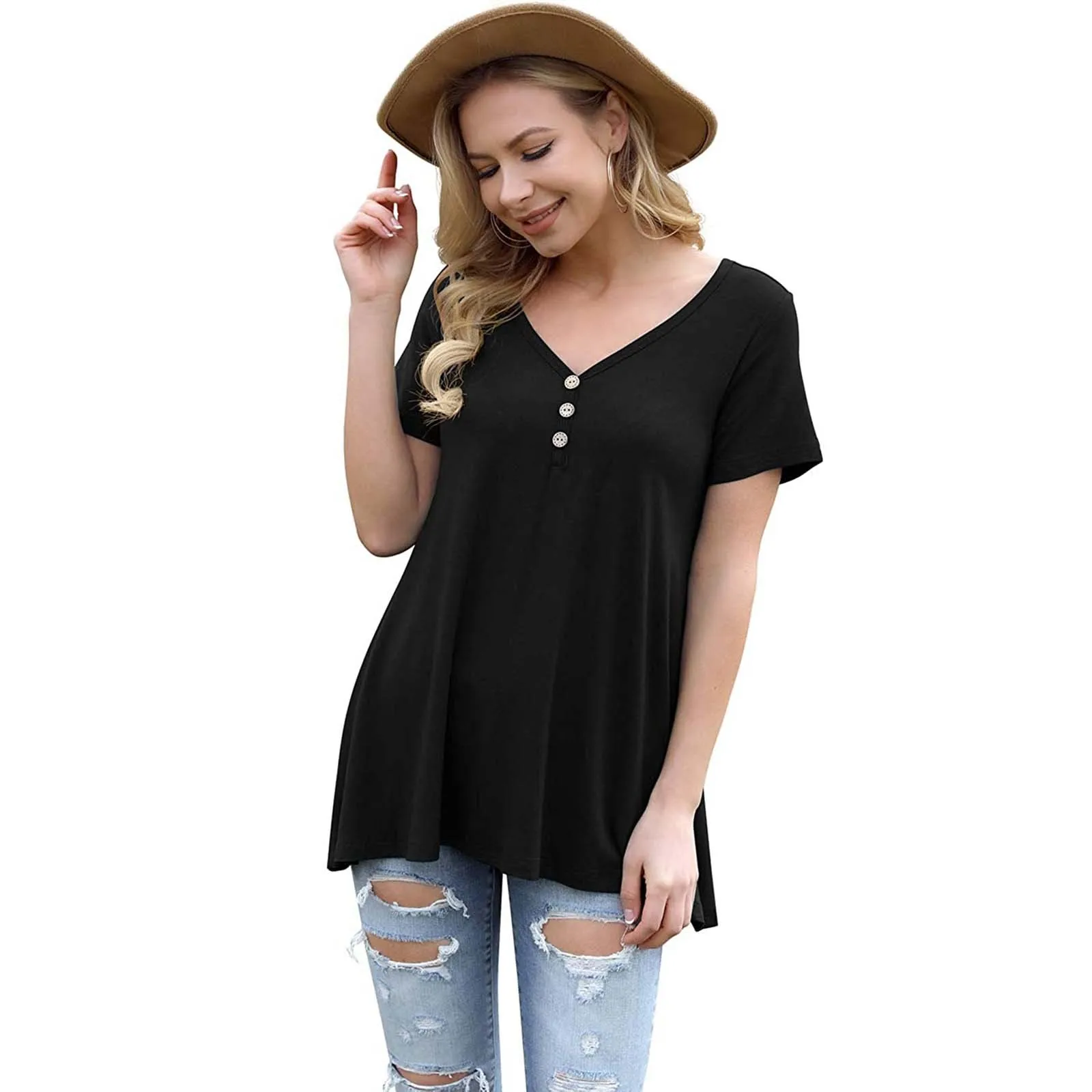 

Solid Color Tops Women 2021 V-Nneck Button Women's T Shirts Short-Sleeved Summer Top Casual T-Shirts Women Ladies Clothing