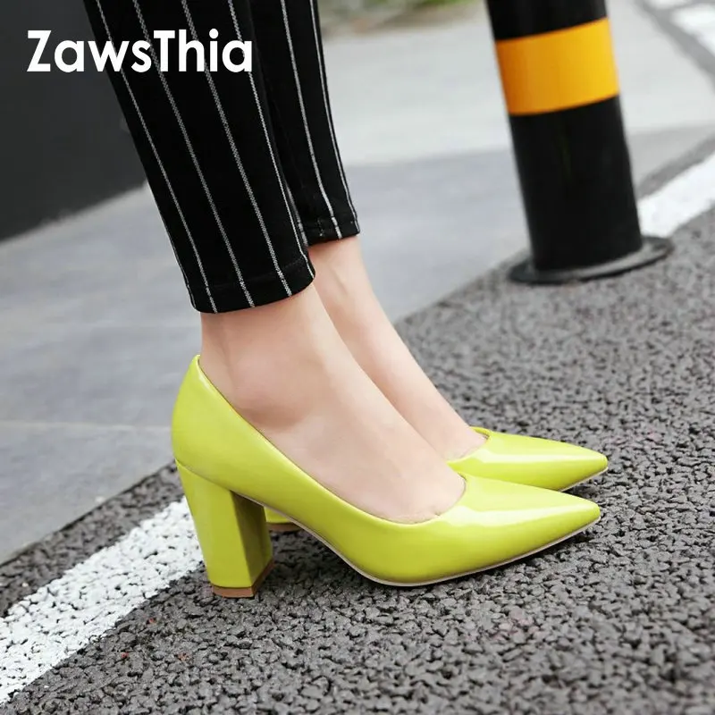 Женские вечерние туфли лодочки ZawsThia зеленые желтые на блочном высоком каблуке