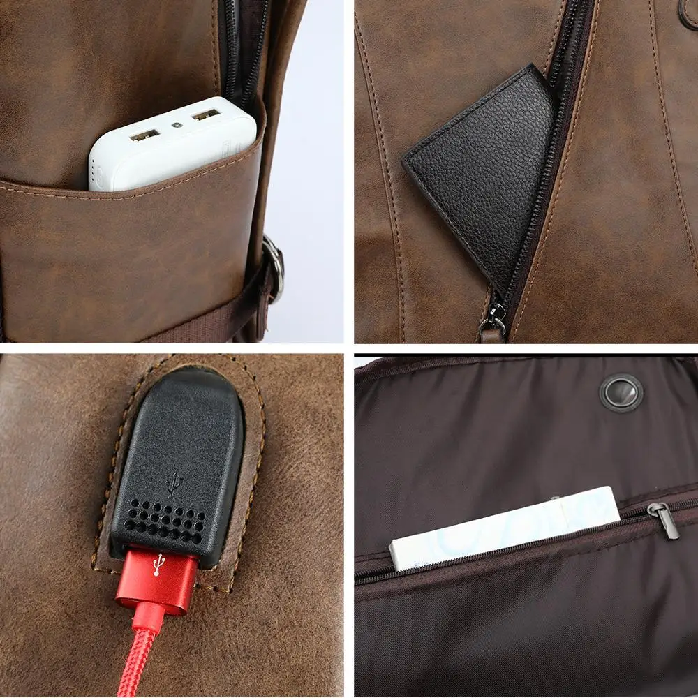 VICUNA POLO, мужской кожаный повседневный брендовый рюкзак с USB интерфейсом, Сумка с отверстием для наушников, мужской Школьный Рюкзак Для Путешествий, рюкзак для ноутбука