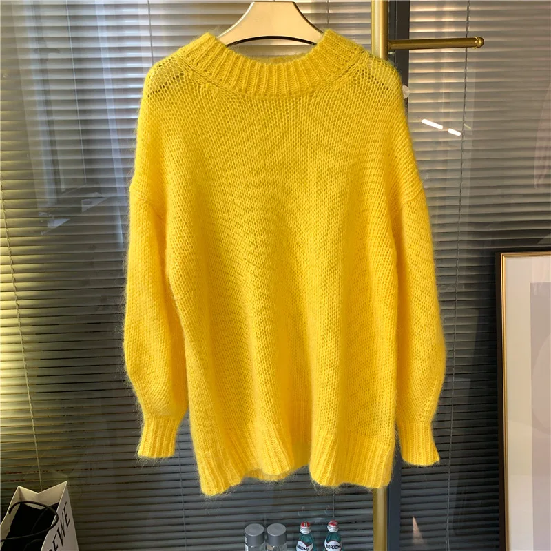 

Mohair blend women sweater long sleeve casual wild loose lady knit sweater