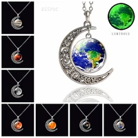 glow in dark solar system necklace jupiter moon sun earth saturn mercury venus crescent moon glass cabochon pendant necklace
