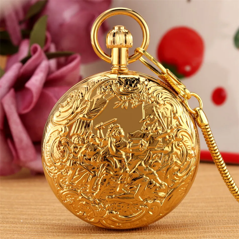 

Warriors Pattern Luxury Gold Copper Self-Winding Mechanical Pocket Watch Double Hunters Pendant Antique Automatic Pocket Clock