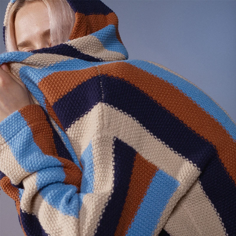 Shopping Online Custom Striped Knitted Bright Yellow Hoodies Pullover Sweater with Pocket |