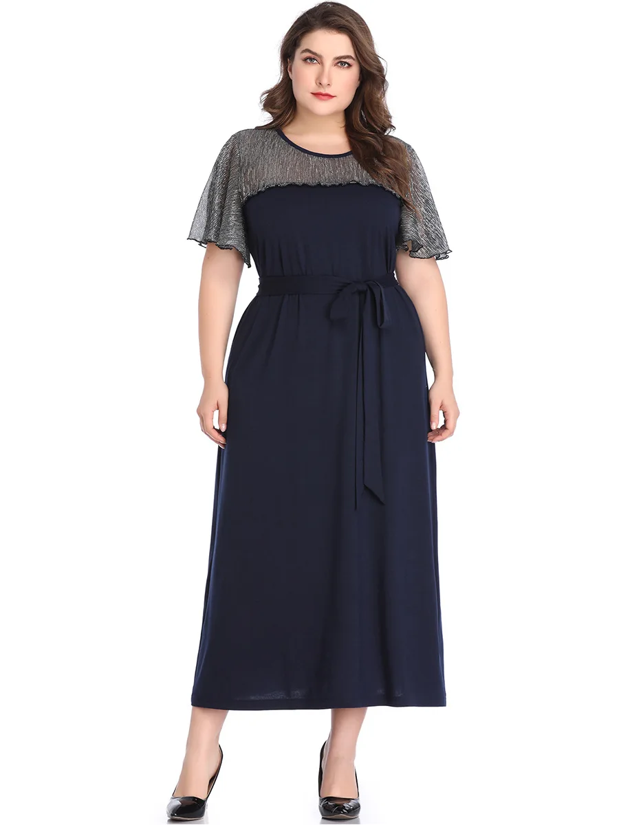 Элегантное лоскутное платье размера плюс женское с О образным вырезом и