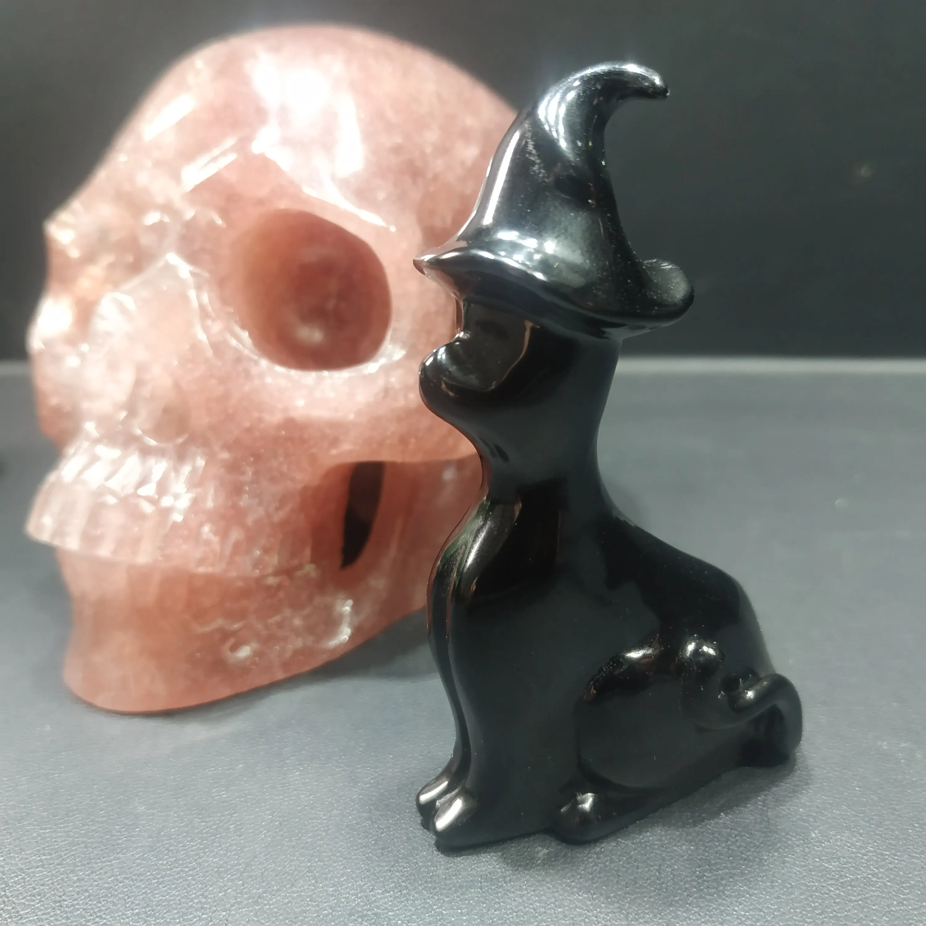3 ''Obsidian кошка черная шляпа ведьмы стоящая хрустальные резные животные