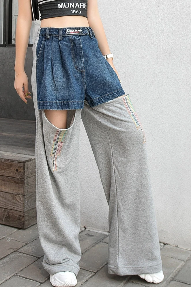

QING MO Women Straight Wide Leg Pants 2021 Fashion Women Denim Patchwork Pants Female Holes Trousers ZQY7021