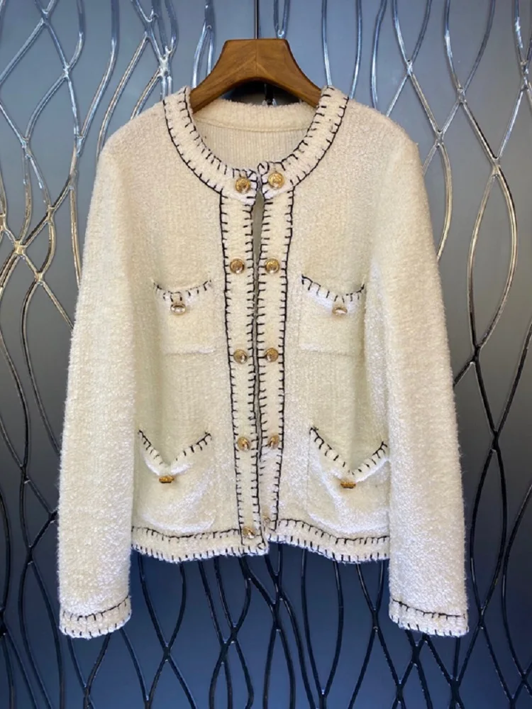 

100%Wool Knitted Cardigans 2021 Autumn Winter Tops Coat Women Chest Pocket Deco Long Sleeve Casual White Apricot Black Cardigans