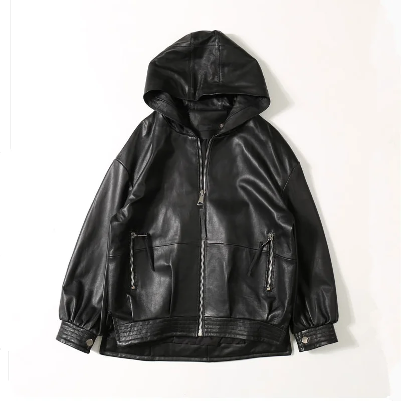 Genuine Leather 2021 Spring New Baseball Clothing Women Sheepskin Oversize Hooded Leather Coat