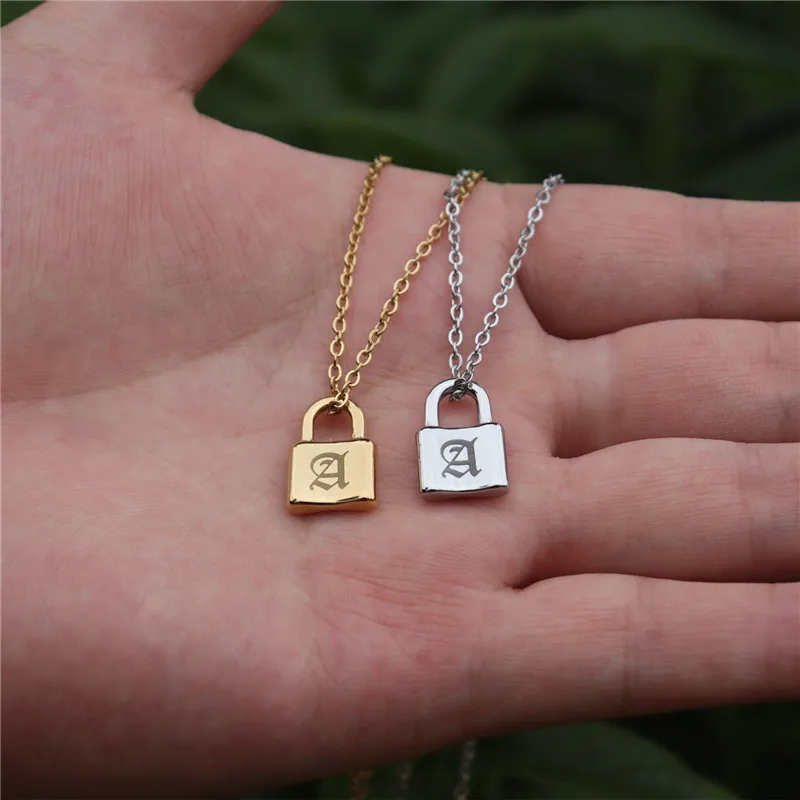 26pcs/set Punk A-Z Initials Letter Padlock Necklaces For Women Friends Stainless Steel Gold Chain Lock Pendant Necklace Jewelry