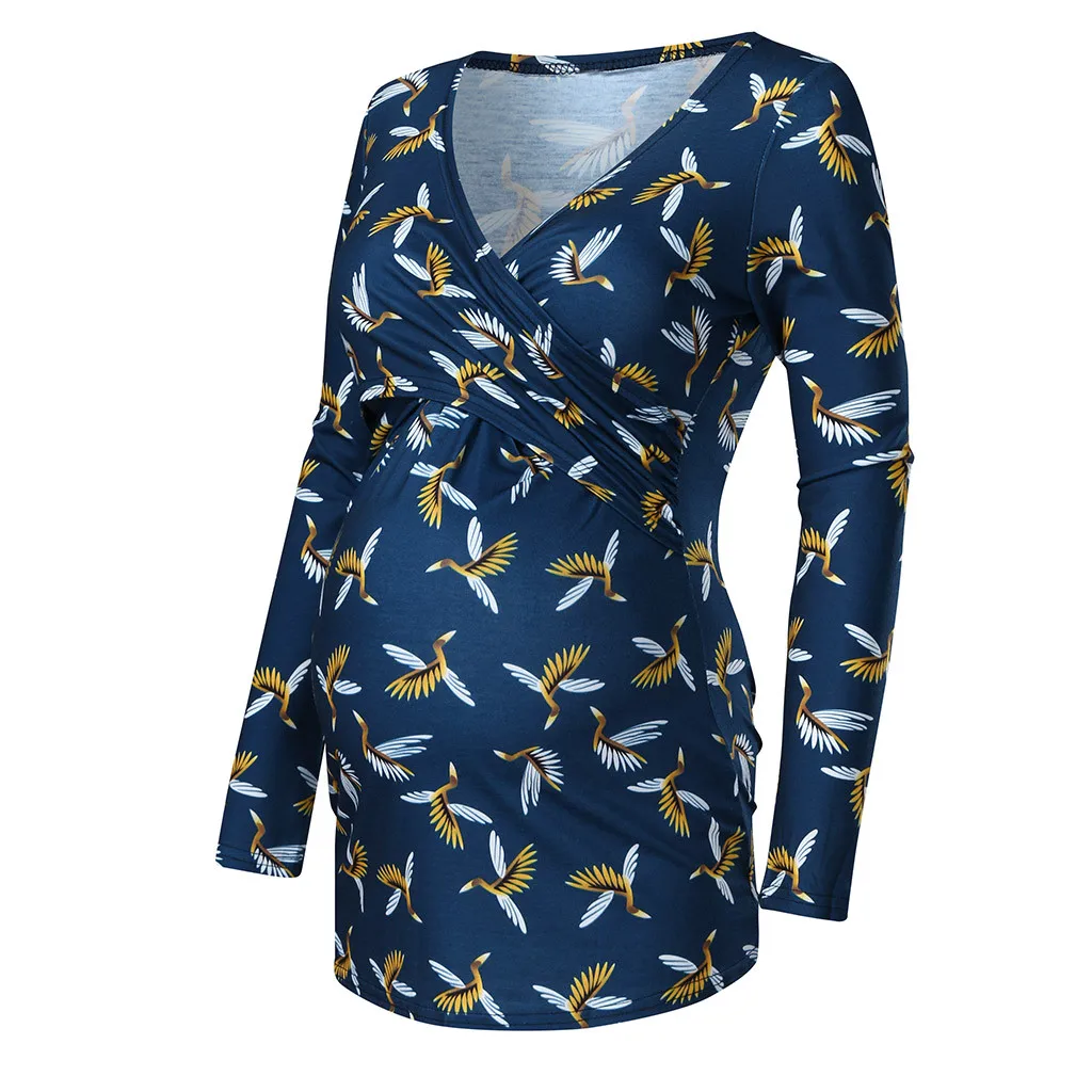 Женская блузка с рюшами и длинным рукавом v образным вырезом для беременных M50