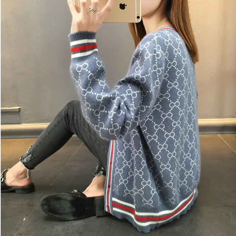 

Top Fashion Korean Version 2021 New Autumn Women's Cardigan Khaki Red Black Plaid Sweater Knitted Loose Coat Beautiful Sweater