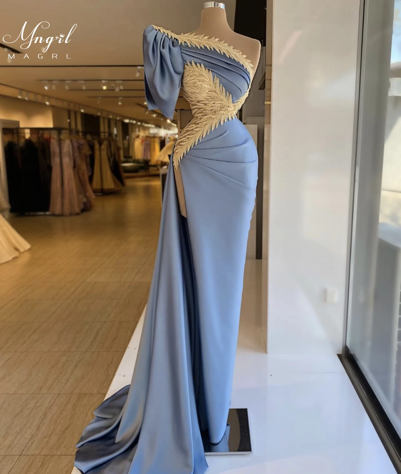 

MNGRL Luxury Evening Dress One-shoulder Long Sleeves Hand-applied Diamonds Glittering 2021 New Evening Dress Party Dress