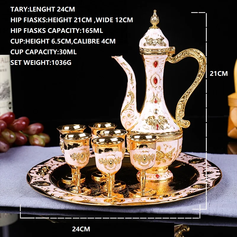 

8PCS/SET Russian Vodka Wine Brandy Snifters Gold Goblet With Hip Flasks Tray Engraving Shot Glass High Spirits Barware Gift