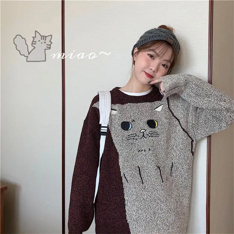 Женские свитера японский Kawaii Ulzzang Свободный Повседневный Ретро свитер с ленивым