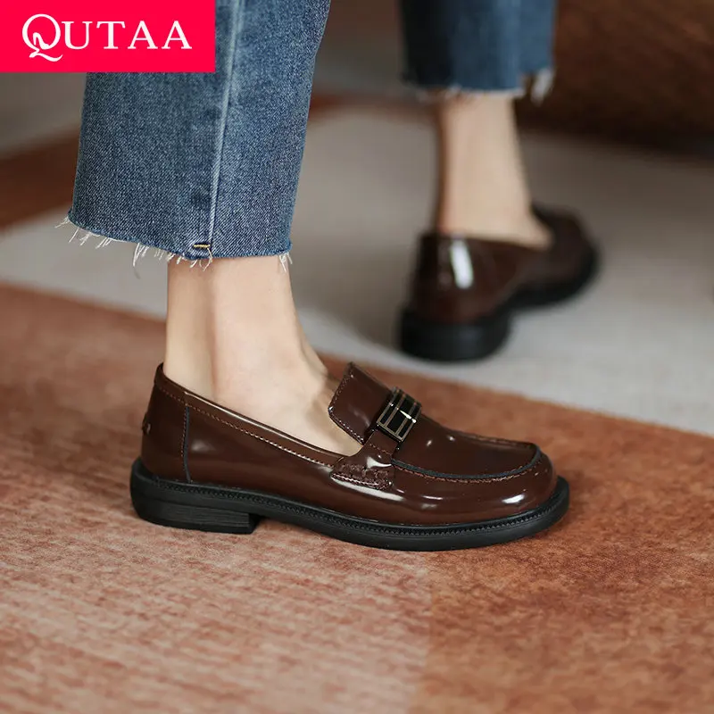 QUTAA 2022 Genuine Leather Low Heel Casual Slip On Female Shoes Spring Autumn Retro Round Toe Women Pumps Size 34-39