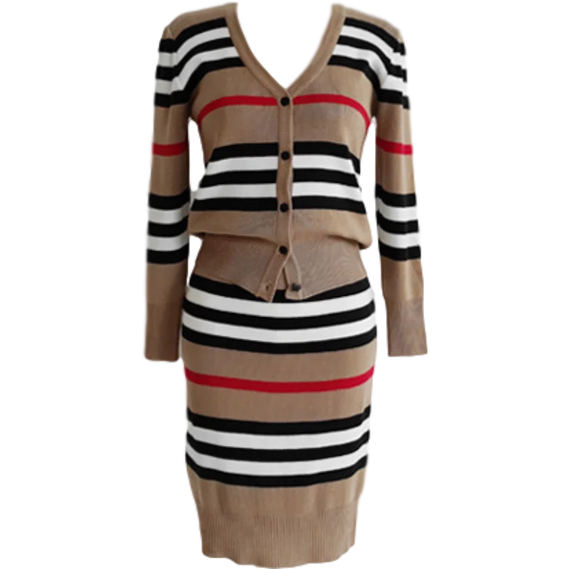 

Korea Long Sleeve V Neck Tops and Mini Skirt Sexy Set for Women Clothing New Autumn 2 Piece Suit Ladies Winter Knitting Striped