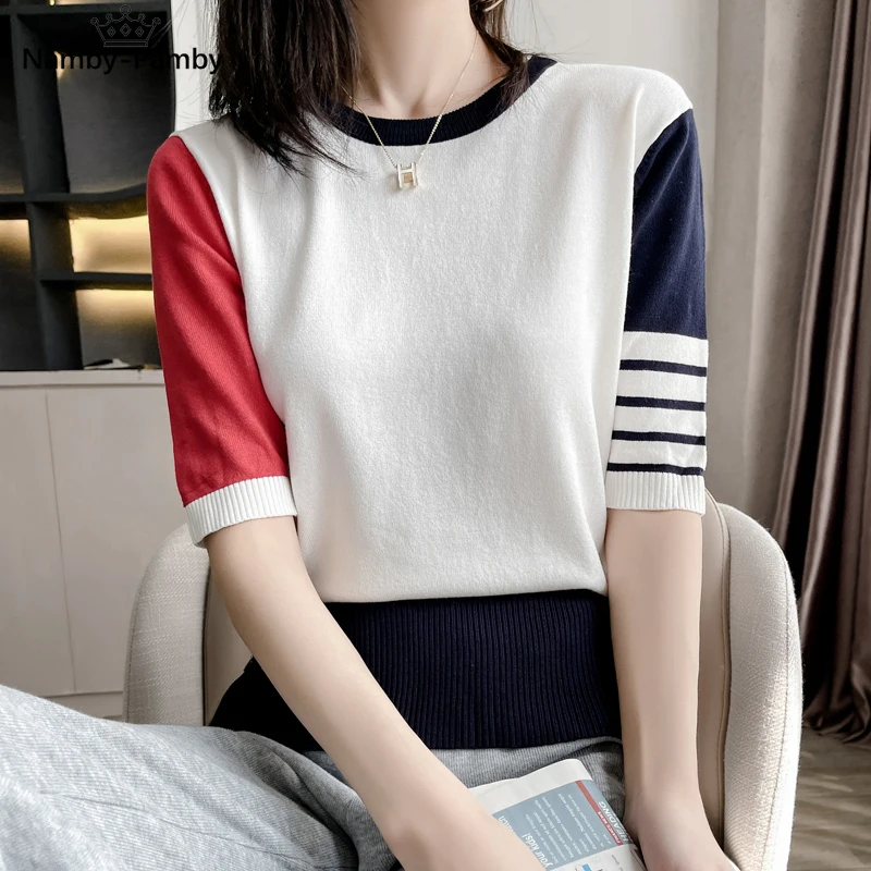 

New casual women's TB knitting short sleeve fashion splicing women's Summer Shirt Top