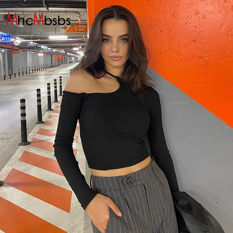 

Футболка женская с открытыми плечами, пикантный облегающий бандажный Топ с длинным рукавом, готический черный топ в стиле Харадзюку, осень ...