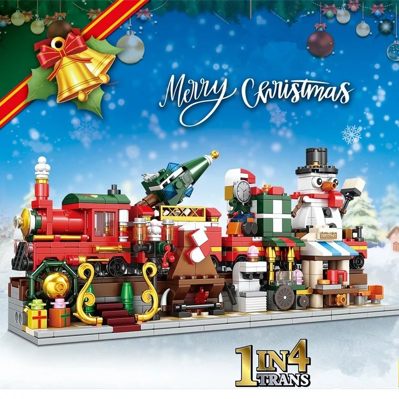 

2021 City Creator Winter Village Street View Snowman Christmas Tree 4 In 1 Holiday Train Building Blocks Bricks Kids Toys